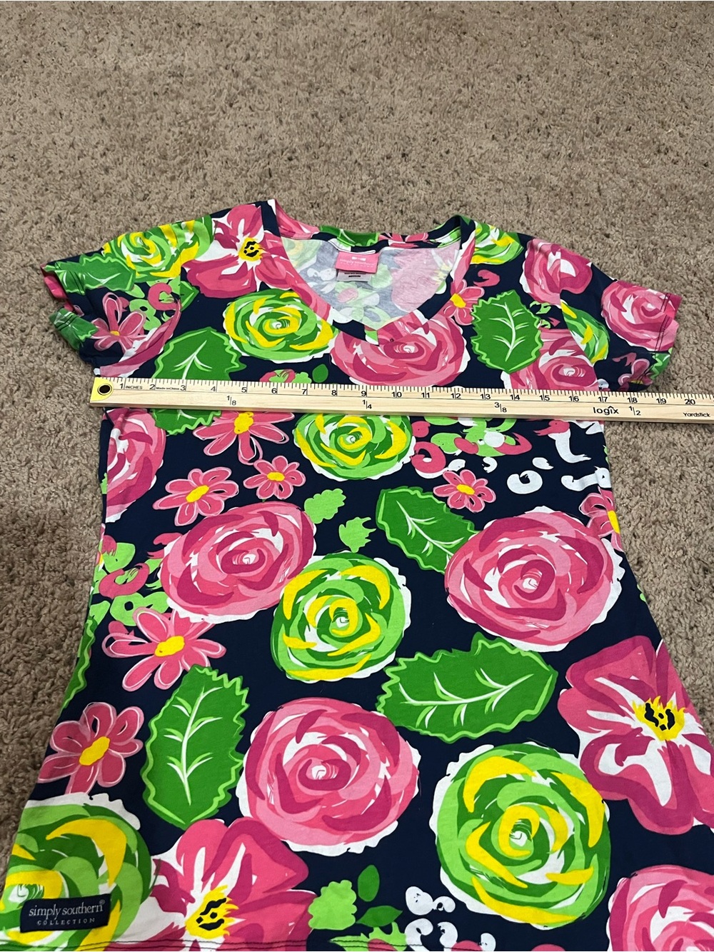 Simply Southern Navy V-Neck Tee with Pink & Lime Floral Print